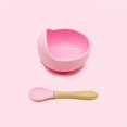thumbnail image 4 of 1set Silicone Baby Feeding Bowl Set Baby Learning Dishes Suction Bowl Set Wood Spoon Non-Slip Pink, 4 of 6