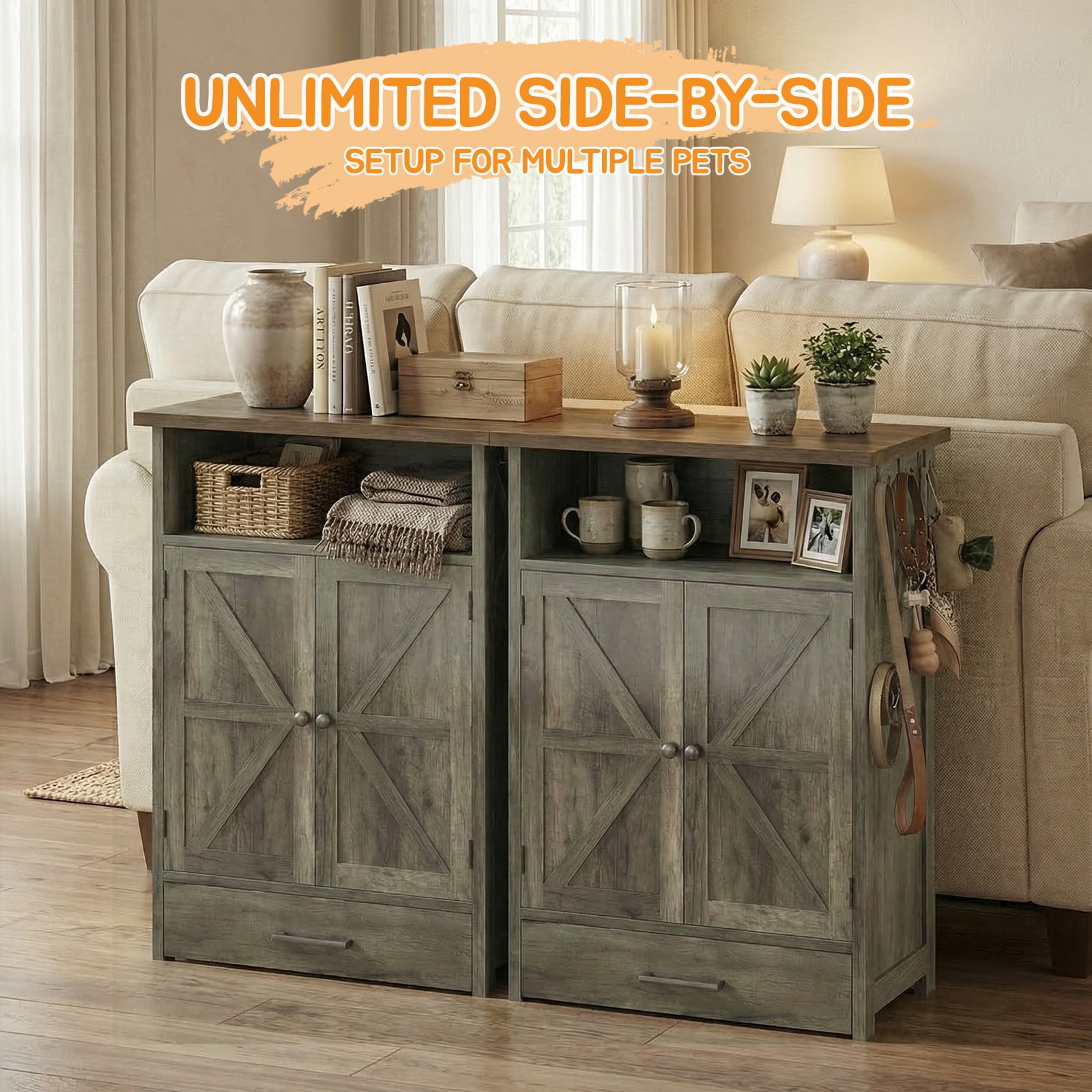 Dog Feeding Station with Storage Cabinet, Pet Feeder Station Cabinet with 3 Side Hooks, Raised 2 Elevated Dog Bowls & Hidden Pull-Out Drawer