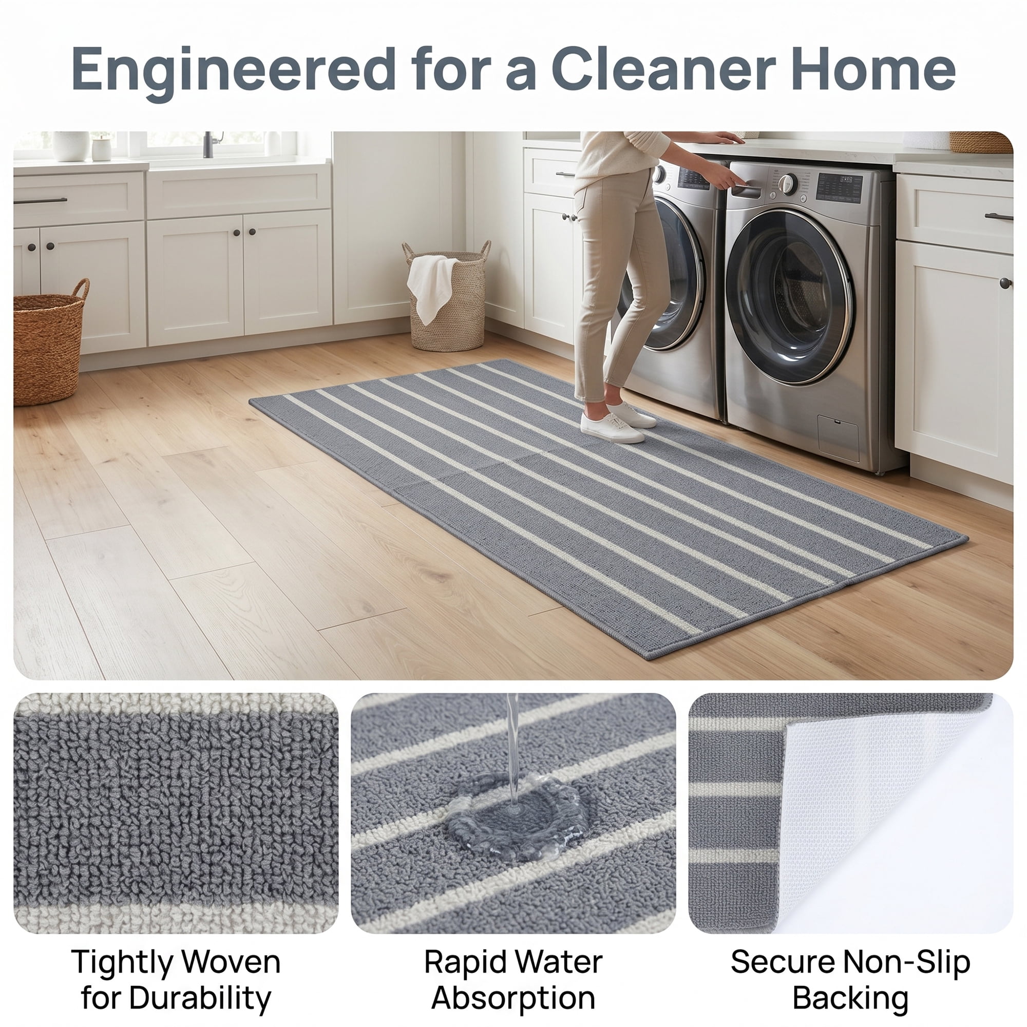 Unique Bargains Polypropylene Striped Non Slip Kitchen Runner Rug Grey 47" x 20"