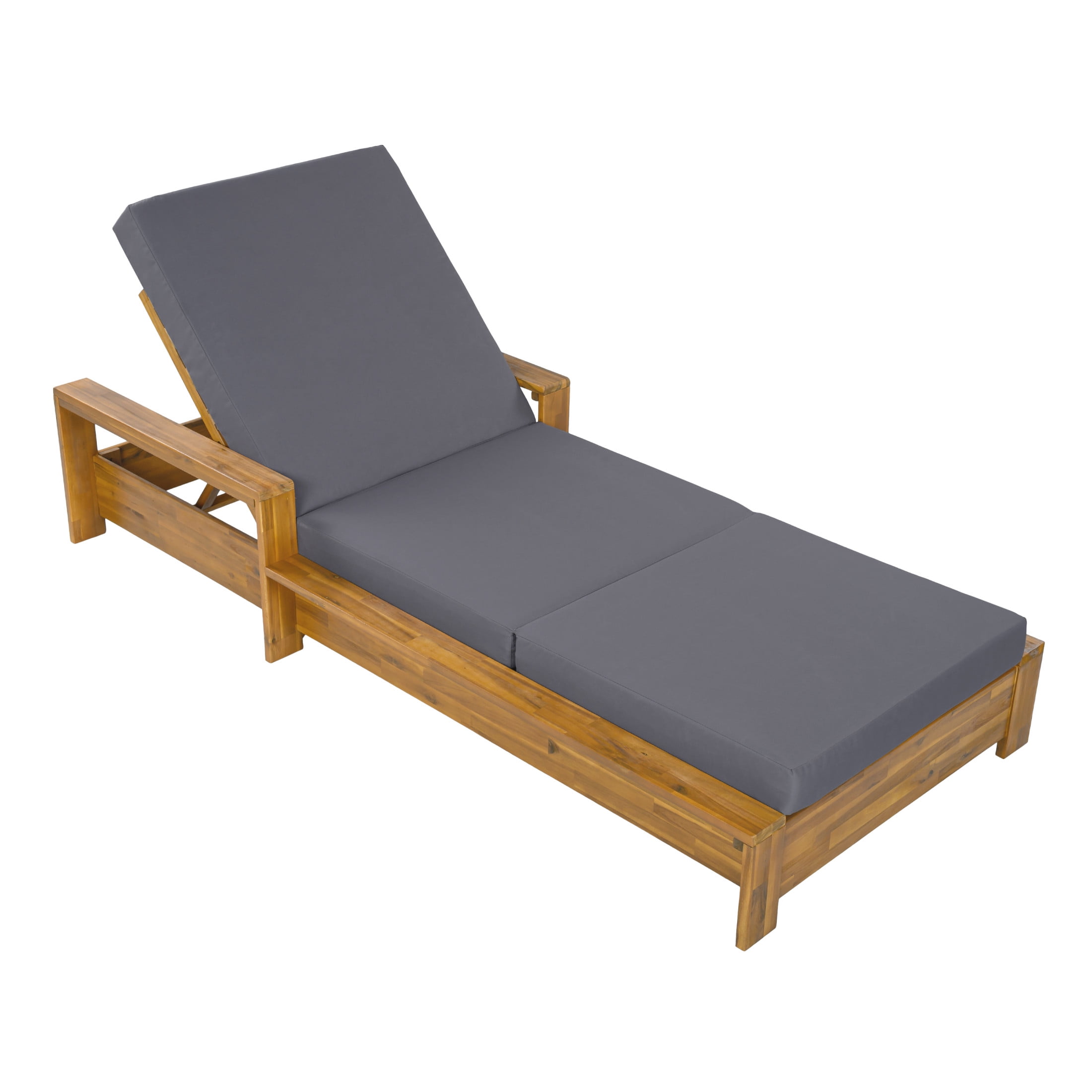 Christopher Knight Home Acacia Wood Outdoor Chaise Lounge Set with Armrests, 3-Fold Cushion, Teak + Dark Gray