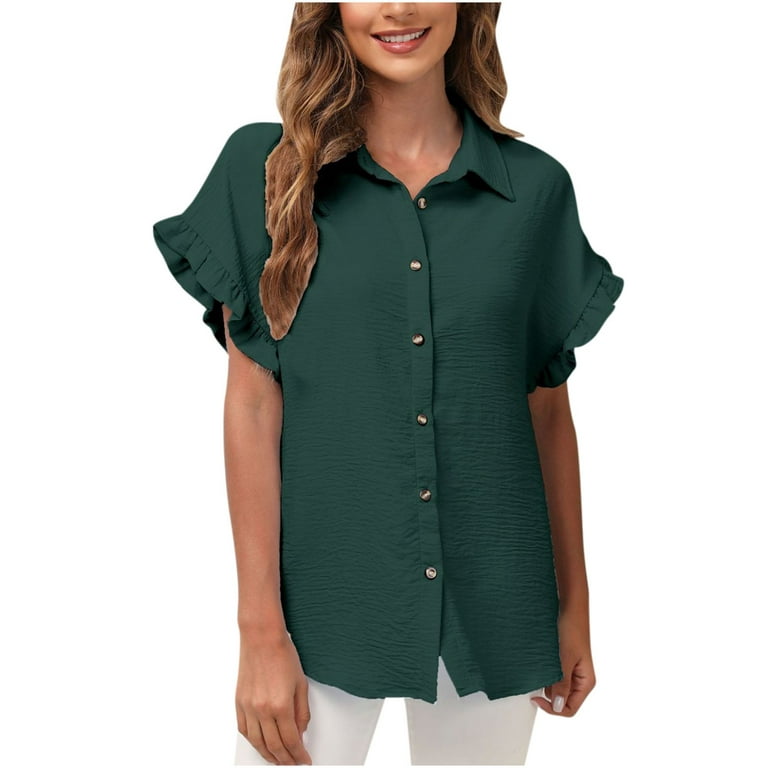 Ruffled Short Sleeves Shirt, Cute Buttoned Top For Women Loose