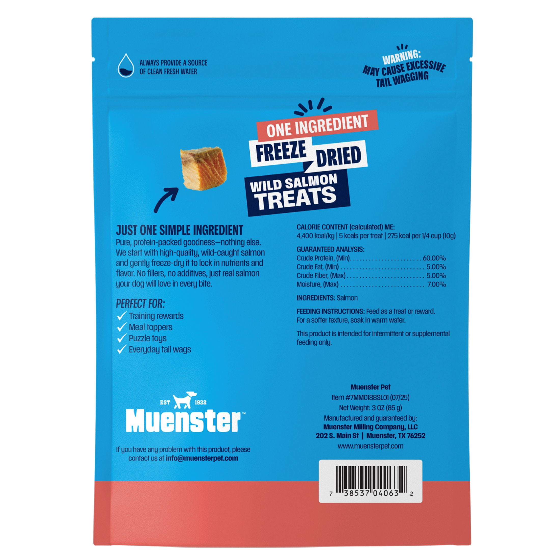 Muenster Freeze-Dried Wild Salmon Dog Treats, Single Ingredient High-Protein Dog Snacks, Skin & Coat Support, Grain-Free Training Treats, 3 oz Resealable Pouch
