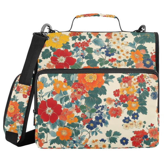 FORMRS Zipper Binder with Shoulder Strap 2-inch Ring 500 Sheet Capacity File Bag, Orange Japanese Flowers Pattern