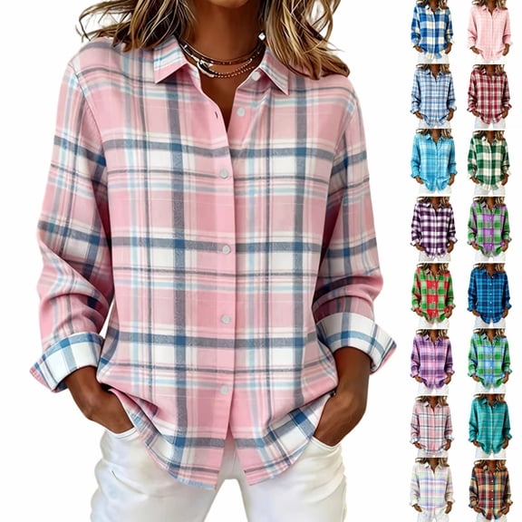 BRELIL Women's Fall Winter Plaid Long Sleeve Button Up Shirt Casual Collared Tops Loose Fit Outdoor Vacation Outfit, Pink 2XL