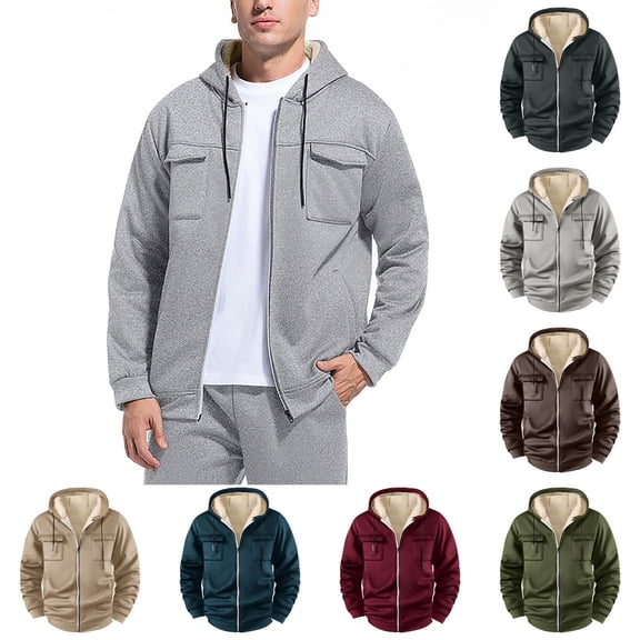 KeShDi Jacket Men's Fleece Solid Color Long-sleeve Hooded Pocket Drawstring Top Coat Khaki 2X