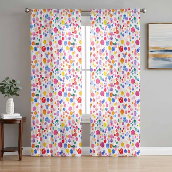 Colorful Polka Dot Sheer Curtains 96 Inch Length 2 Panels Set, Rainbow Watercolor Polka Dots Voile Window Treatment Semi Sheer Long Curtains Drapes for Bedroom/Living Room/Kitchen 52"x96"x2
