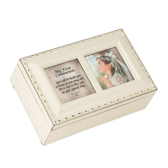 Cottage Garden First Communion God Beside You Ivory Rope Trim Jewelry Music Box Plays Jesus Loves Me