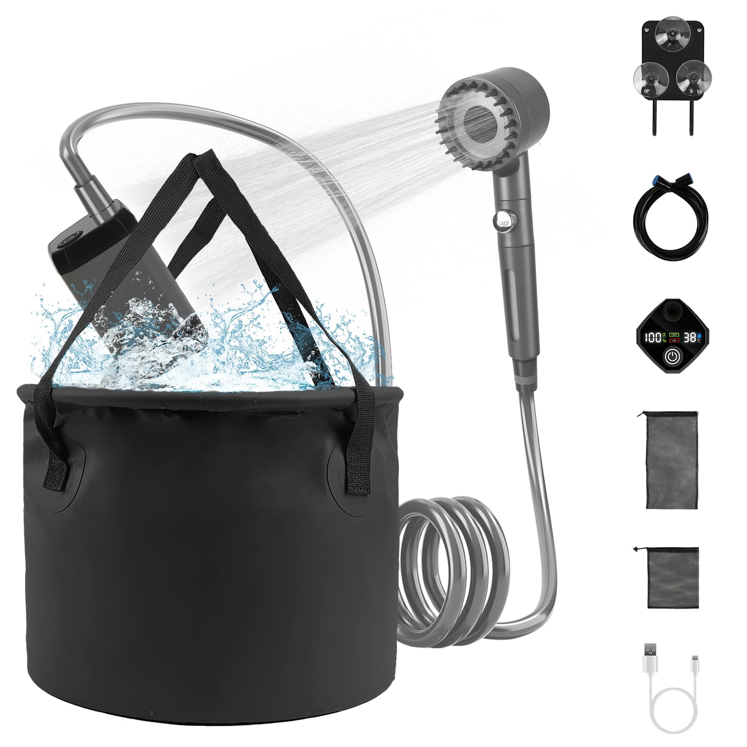 Moclever Portable Camping Shower, IPX7 Waterproof 6000mAh Rechargeable Shower Pump, Shower Head, 5.3Gallon Foldable Bucket, Black
