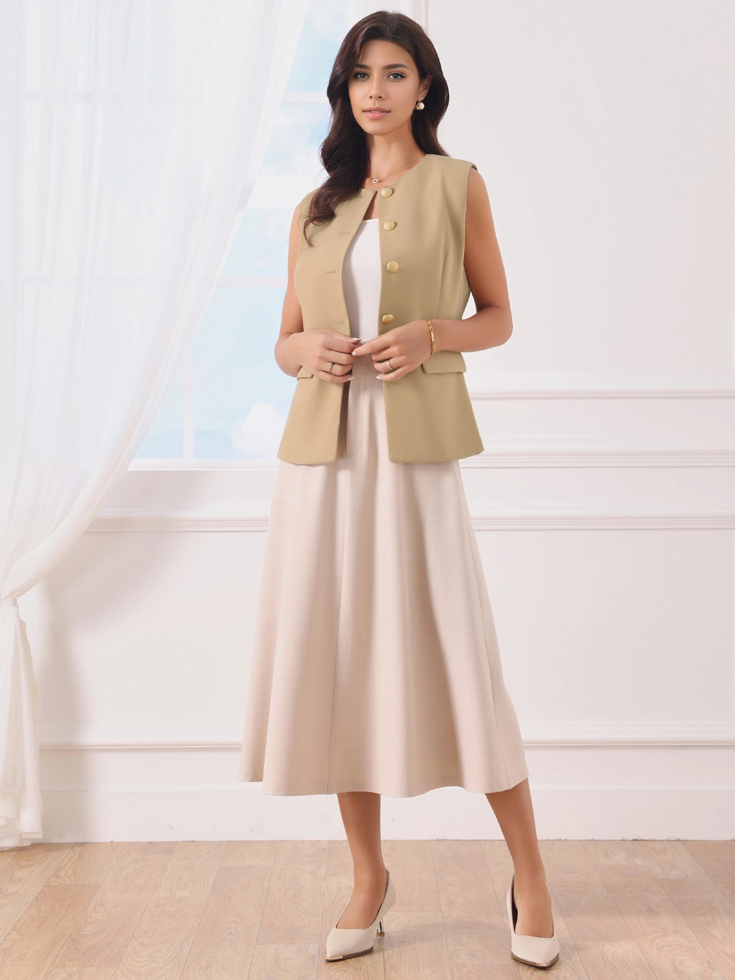 DARING DIVA Women's Work Sleeveless Button Down Blazer Waistcoat 2XL Khaki