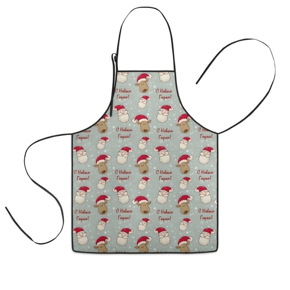 Gray Christmas Santa and Reindeer Pattern Kids Aprons for Girls and Boys,Adjustable Neck Strap Toddler Aprons for Kids Cooking Baking