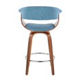 thumbnail image 6 of Vintage Mod 26" Mid-Century Modern Fixed-Height Counter Stool with Swivel in Walnut Wood and Blue Fabric with Round Chrome Metal Footrest by LumiSource - Set of 2, 6 of 9