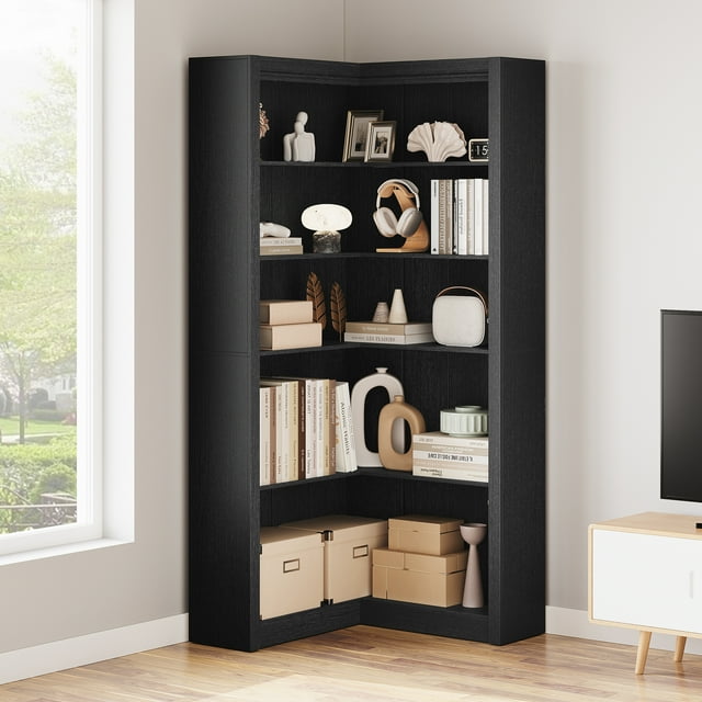 QinaQin Librero esquinero grande en forma de L, estilo industrial con repisas de madera para sala, recámara, cocina u oficina en casa