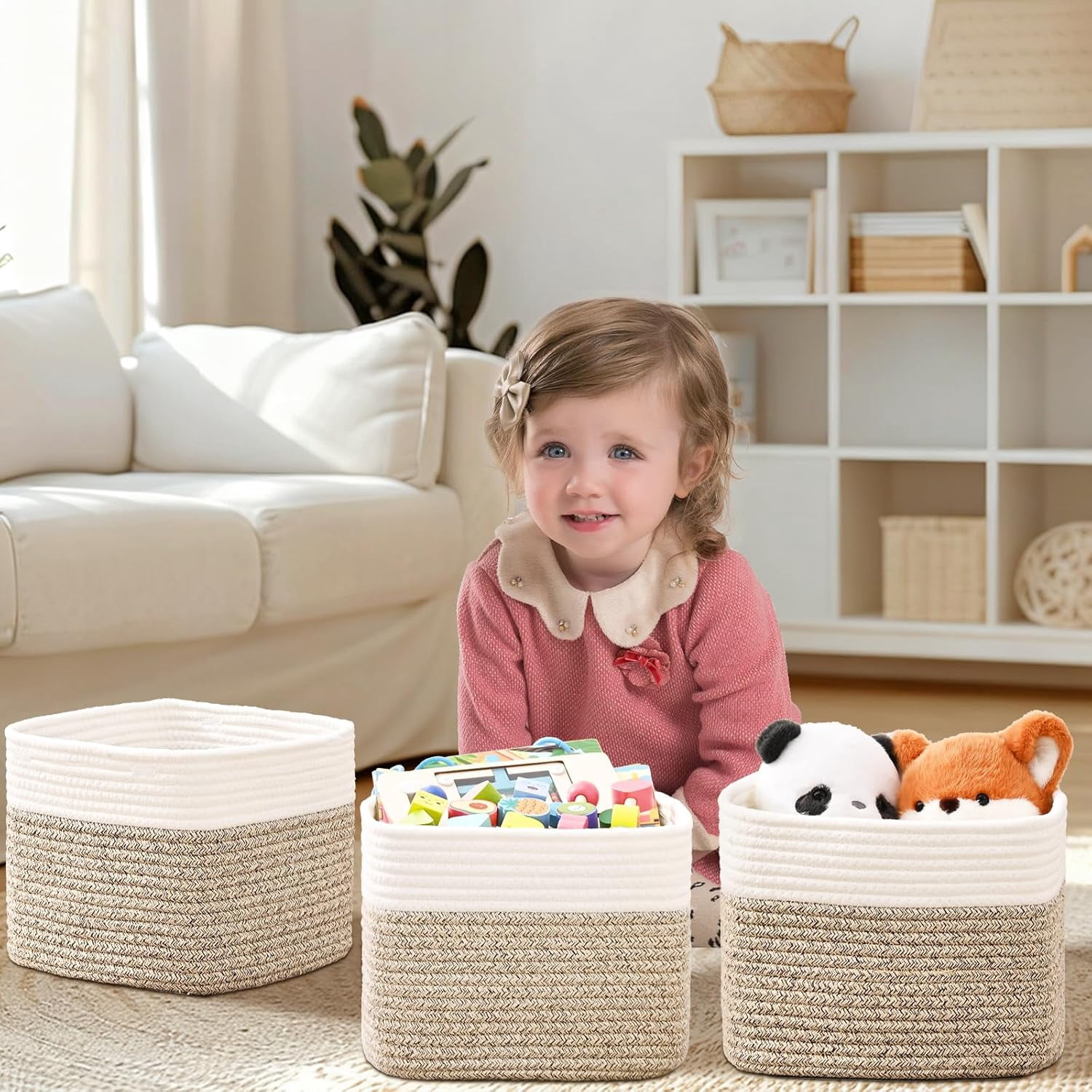 Natubeau 3 Pack Woven Storage Basket, 9"x9"x7" Cotton Rope Woven Baskets for Organizing, Cube Storage Bins for Shelves, White & Jute