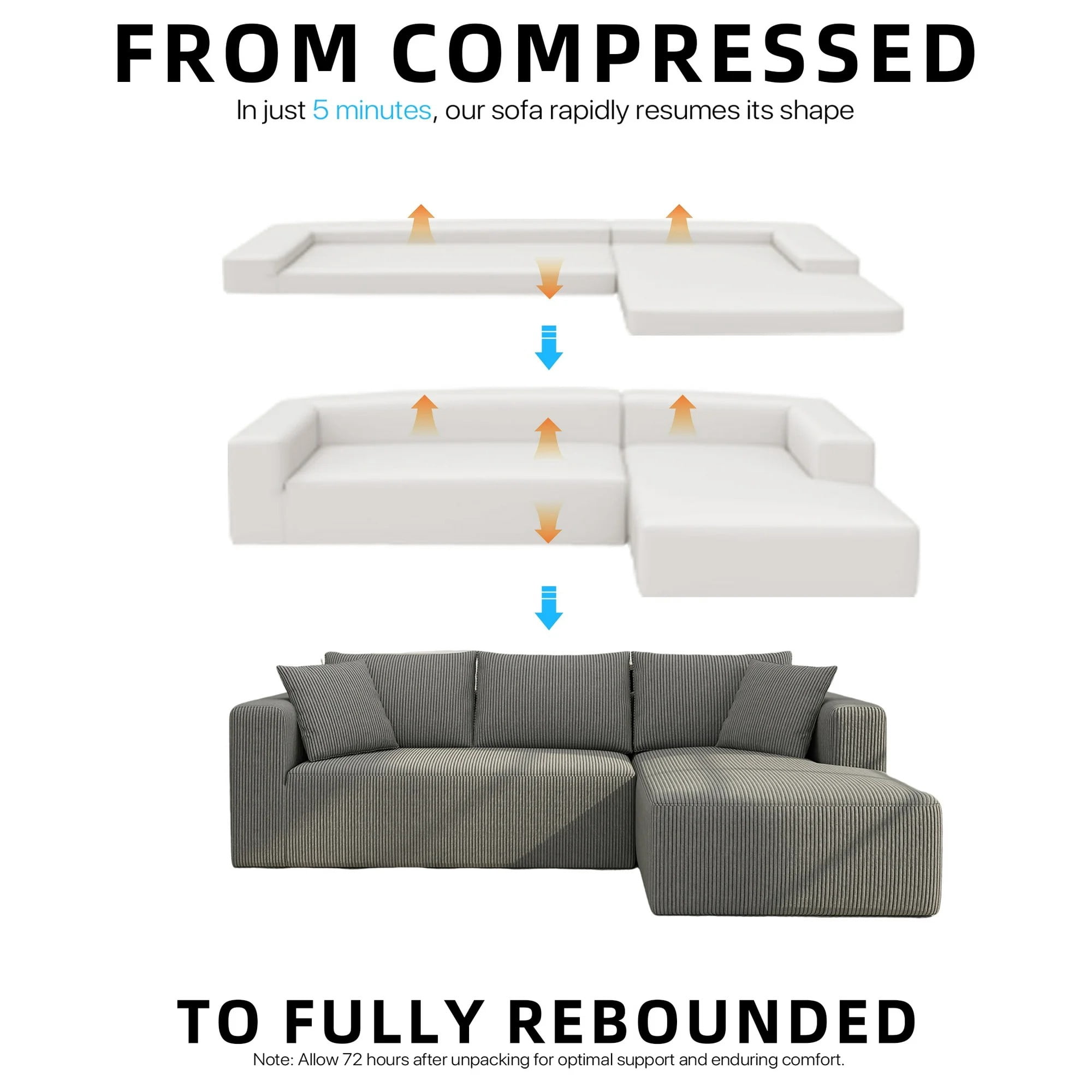 AENKYO 104 Modular L-Shaped Sectional Sofa with Chaise Lounge, Cloud Couch Deep Seat, Corduroy Upholstered Living Room Furniture, No Assembly Required, Gray