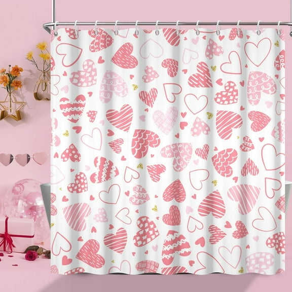 Valentines Shower Curtain, Sweet Pink Heart Shower Curtain Set with Hooks Waterproof White Bathroom Decor 60"W x 72"L (Pack of 1)