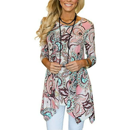 Asymmetrical Empire Waist Tunic - Women's Spring Floral Print 3/4 Sleeve Irregular Hem Asymmetrical Tunic Loose Long Blouse Tops