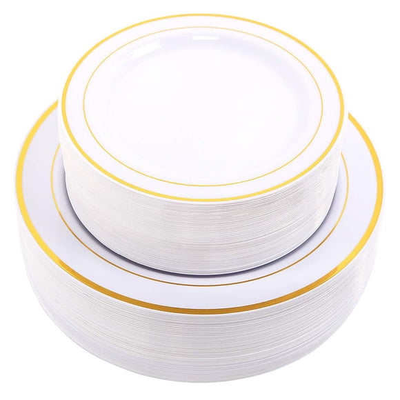 WDF 60 Pcs Assiettes Blanches Dorées Jetables - Assiettes en Plastique Dorées Assiettes en Plastique à Bord Doré, Incluant des Assiettes Dorées de 30-10,25 Po pour le Souper et des Assiettes Dorées de 30-7,5 Po pour Salade/dessert