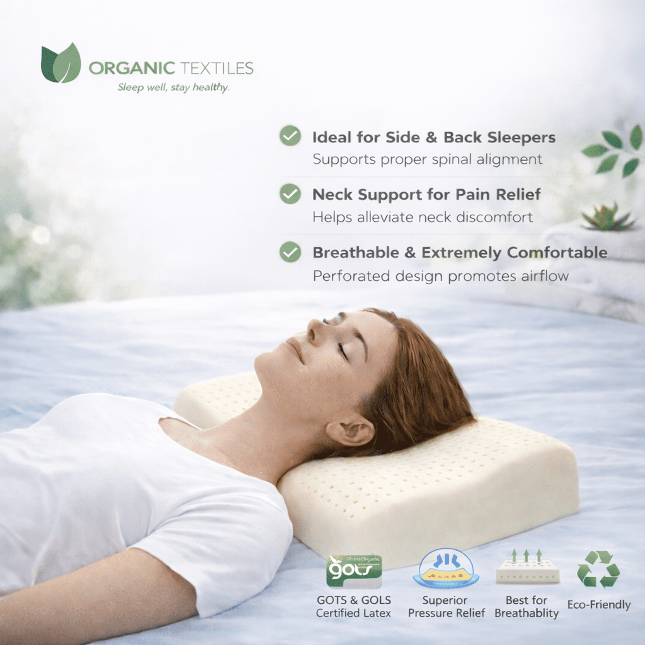 ORGANIC TEXTILES 100% Organic Latex Contour Pillow with Organic Cotton Cover - GOTS & GOLS Certified, Bed Pillow for Sleeping - (High Loft, Medium Firm) - Pack of 1