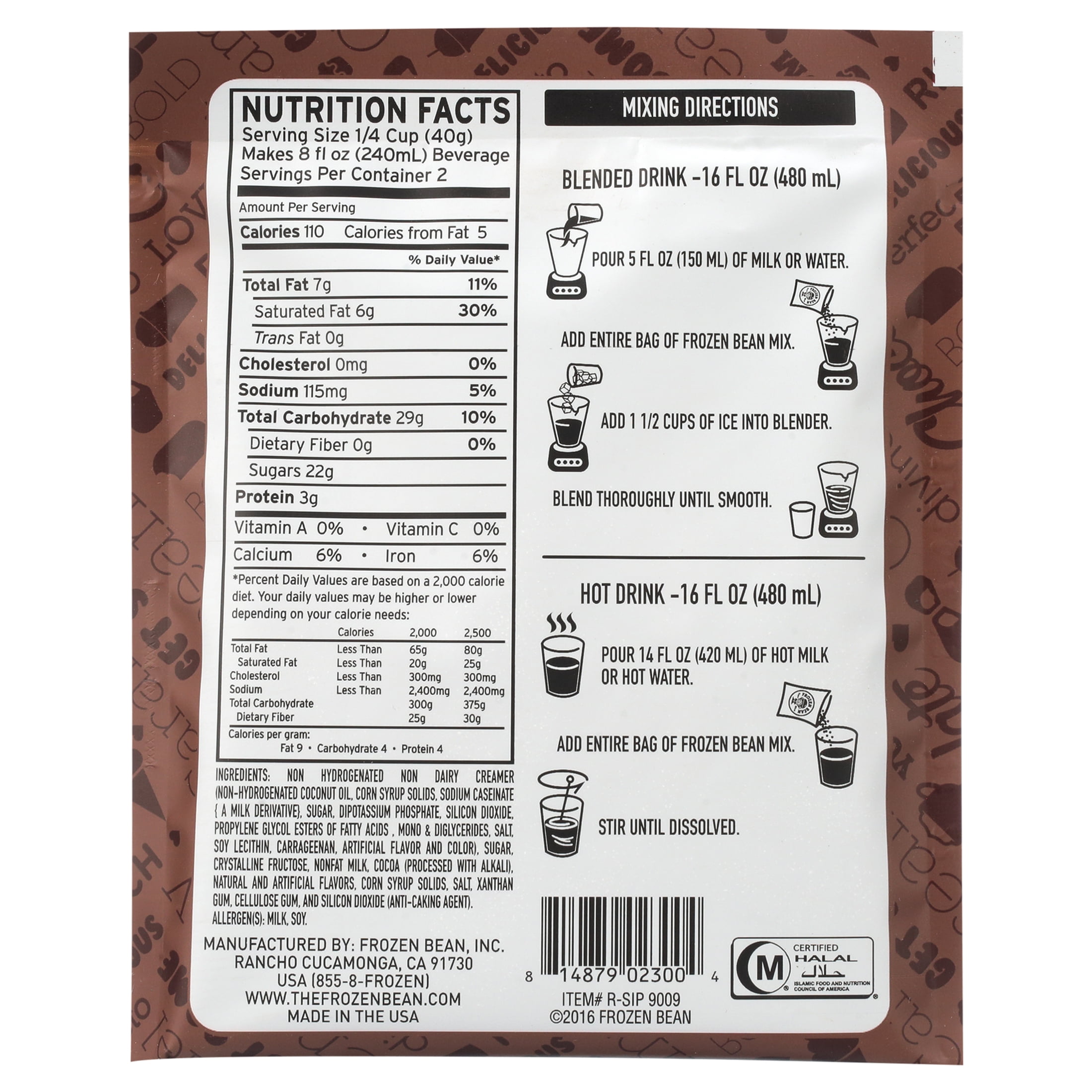 The Frozen Bean Frozen Hot Chocolate Frappe Mix, (12-pack) 2.8 oz Bags