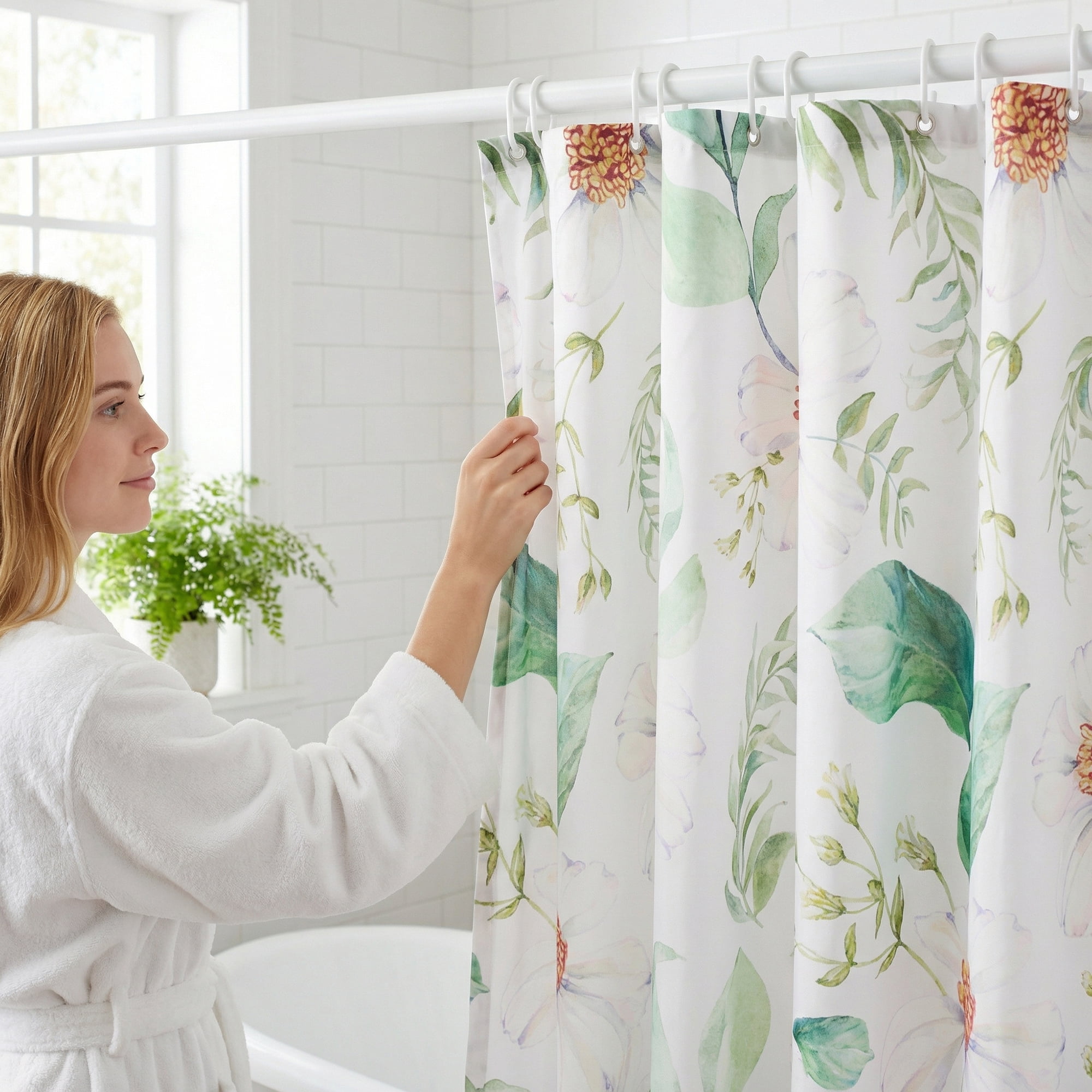 Unique Bargains Waterproof Leaf Shower Curtain Sets Hooks Green Pattern 4 71"W x 71"L