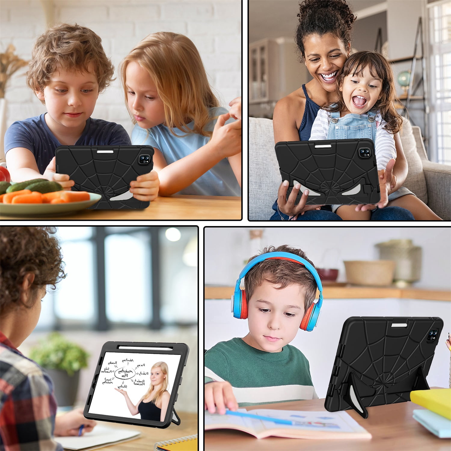 Kids Case for iPad 9th/8th/7th Generation with Pencil Holder, Lightweight Shockproof Stand Anti-Slip Rugged Silicone PC Case Cover for iPad 10.2" 2021/2020/2019 for Boys Girls, Black