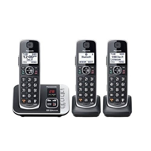 Panasonic Cordless Phone with Link to Cell and Digital Answering Machine, 3 Handsets - Black (KX-TGE663B)