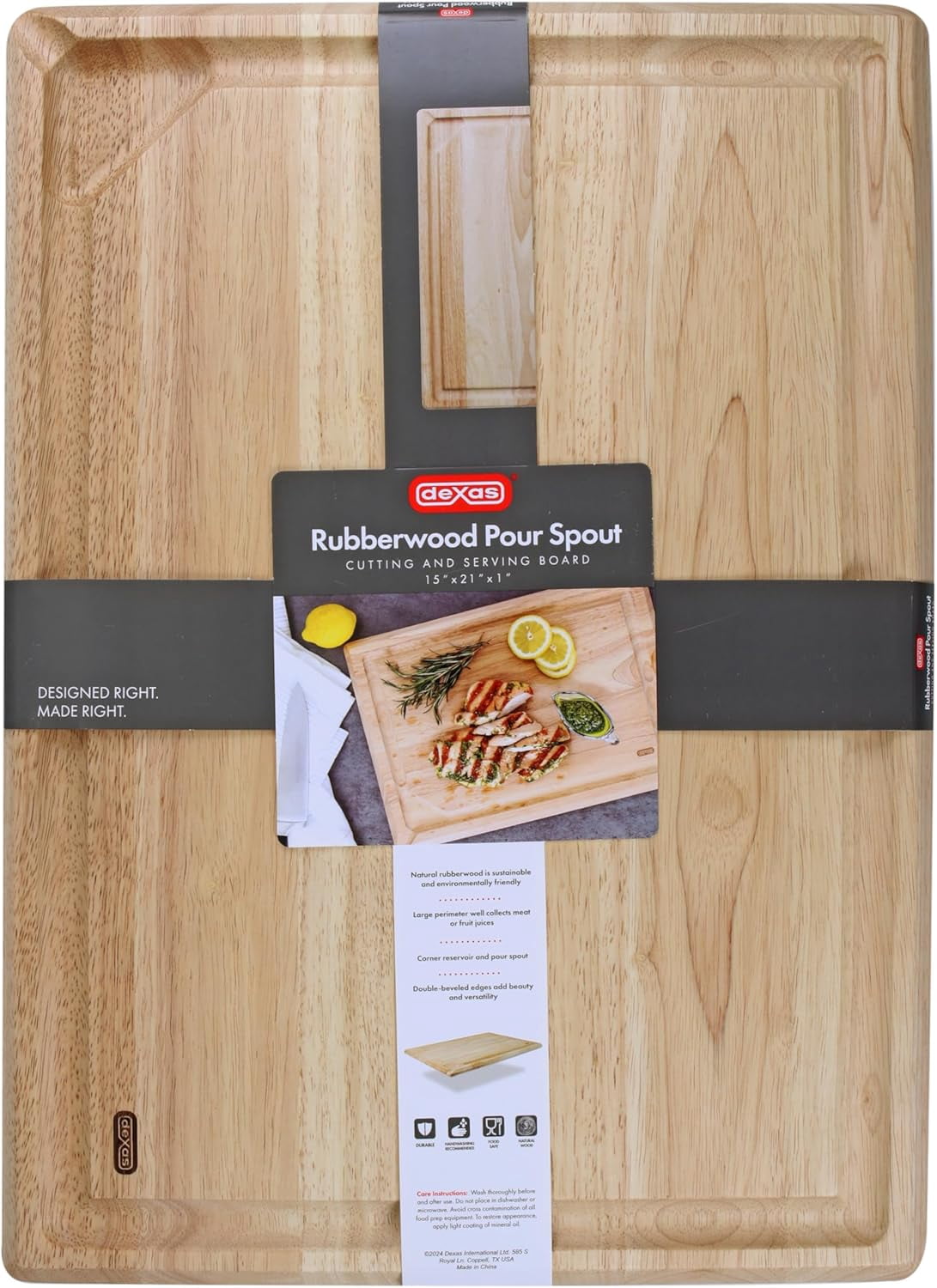 Dexas Rubberwood Pour Spout Cutting Board – 21" x 15" x 1" | Juice Groove, Easy-Pour Corner, Heavy-Duty Wood Board for Carving & Chopping