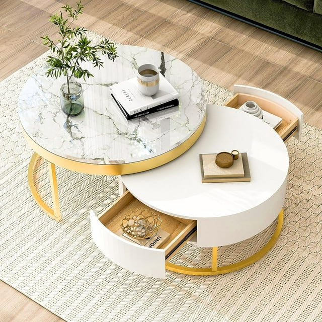 Table Basse Ronde Blanche de 31,5 Pouces avec Rangement, Table Basse Gigogne en Faux Marbre Blanc avec Tiroirs Rotatifs