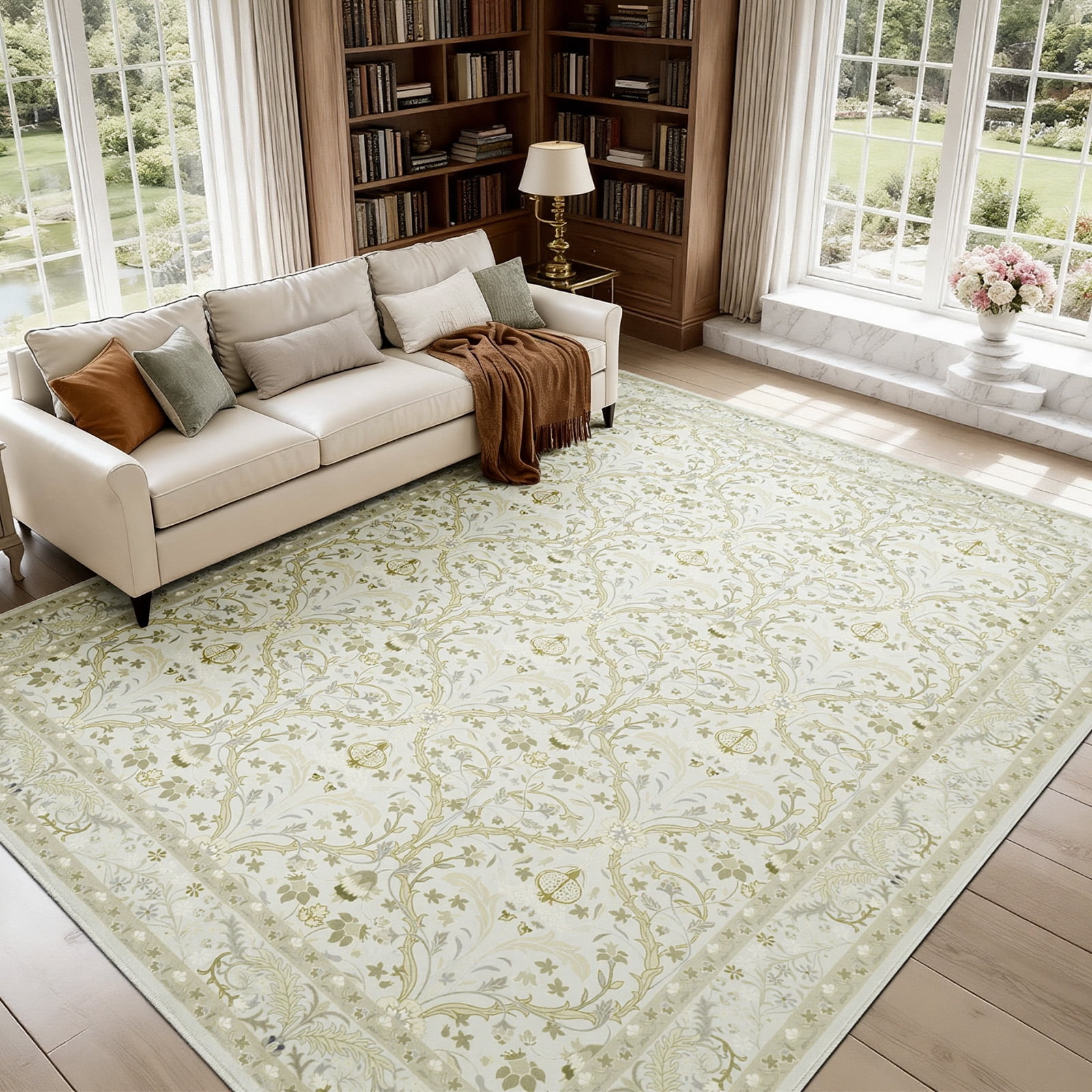 6x9 Area Rugs for Living Room, Washable Area Rugs with Non-Slip Backing, Boho Floral Vintage Carpets Low Pile for Dining Room, Bedroom, Home Office, Indoor, Nursery, Apartment.