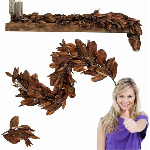 Brown Magnolia Leaf Garland, 6ft Artificial Magnolia Garland with Pinecones - No Shedding, No Mess, Rustic Fall Leaf for Mantle, Christmas, Thanksgiving Decorations (1Pcs)