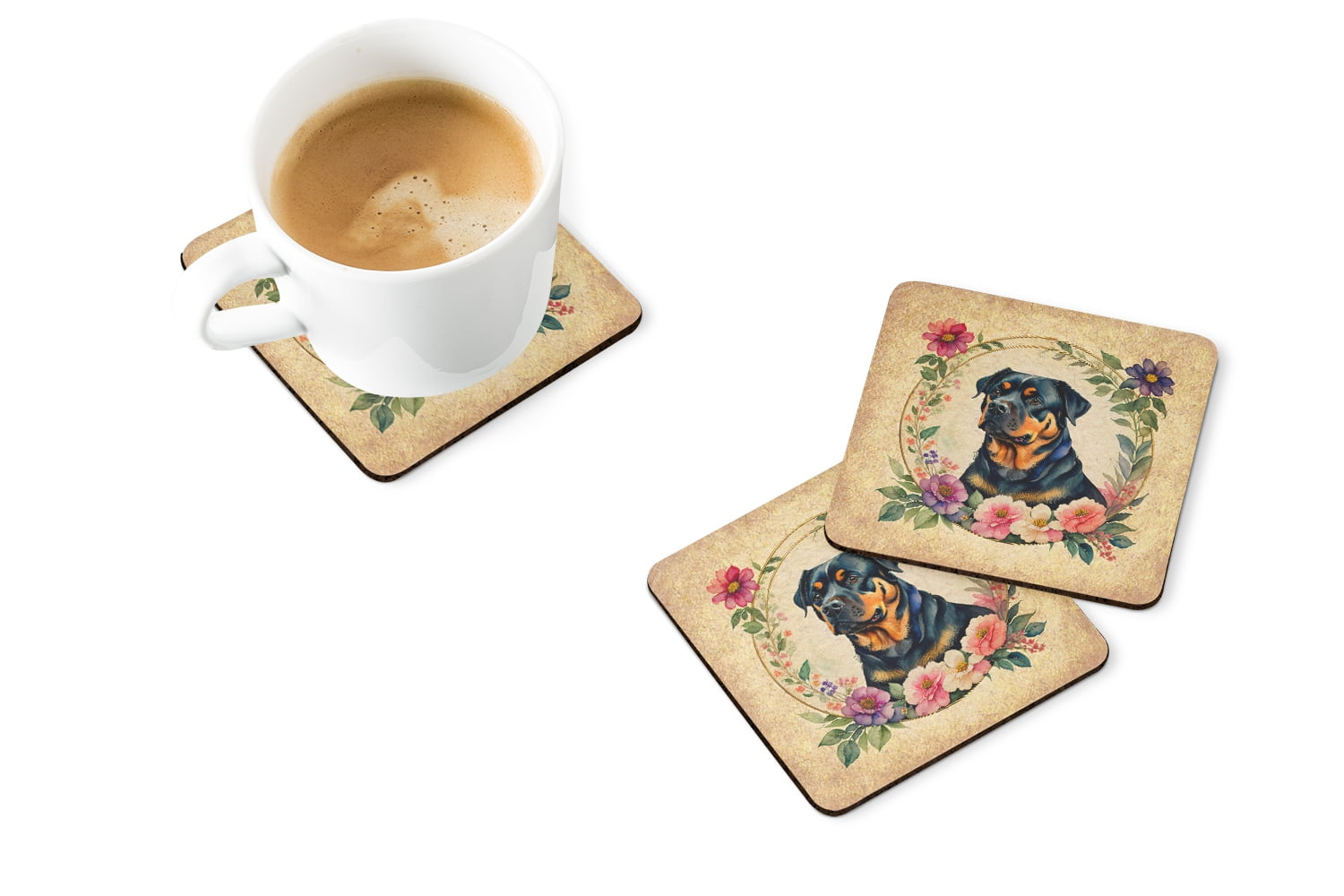 Rottweiler and Flowers Foam Coaster Set of 4 3.5 in x 3.5 in