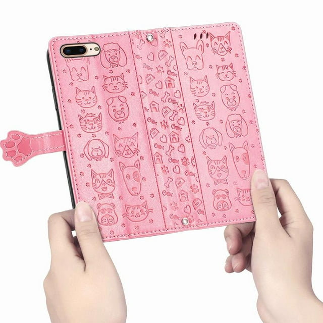 Funda Cartera FOXDOCK para iPhone 8 Plus/7 Plus , Flip PU con Relieve de Gatos y Perros, Tarjetero y Soporte