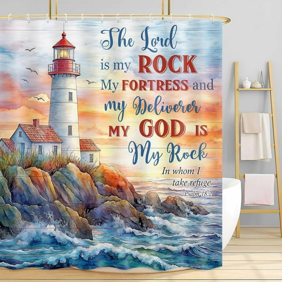 Blue Beach Lighthouse Shower Curtain, Rustic Sunrise Ocean Coastal Quotes Art Shower Curtain for Bathroom Decor, Wood Fabric Waterproof Shower Curtai Set with Hooks-48"W x 72"L (Pack of 1)