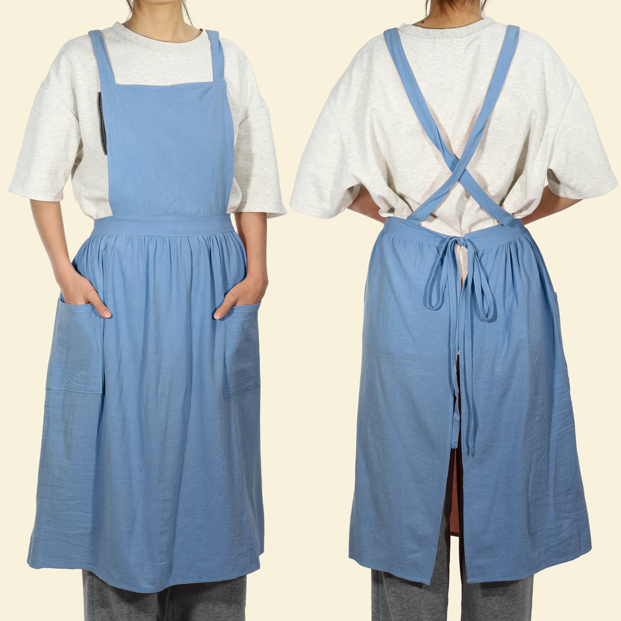 Unique Bargains Cotton Linen Cross Back Apron with Pockets Blue