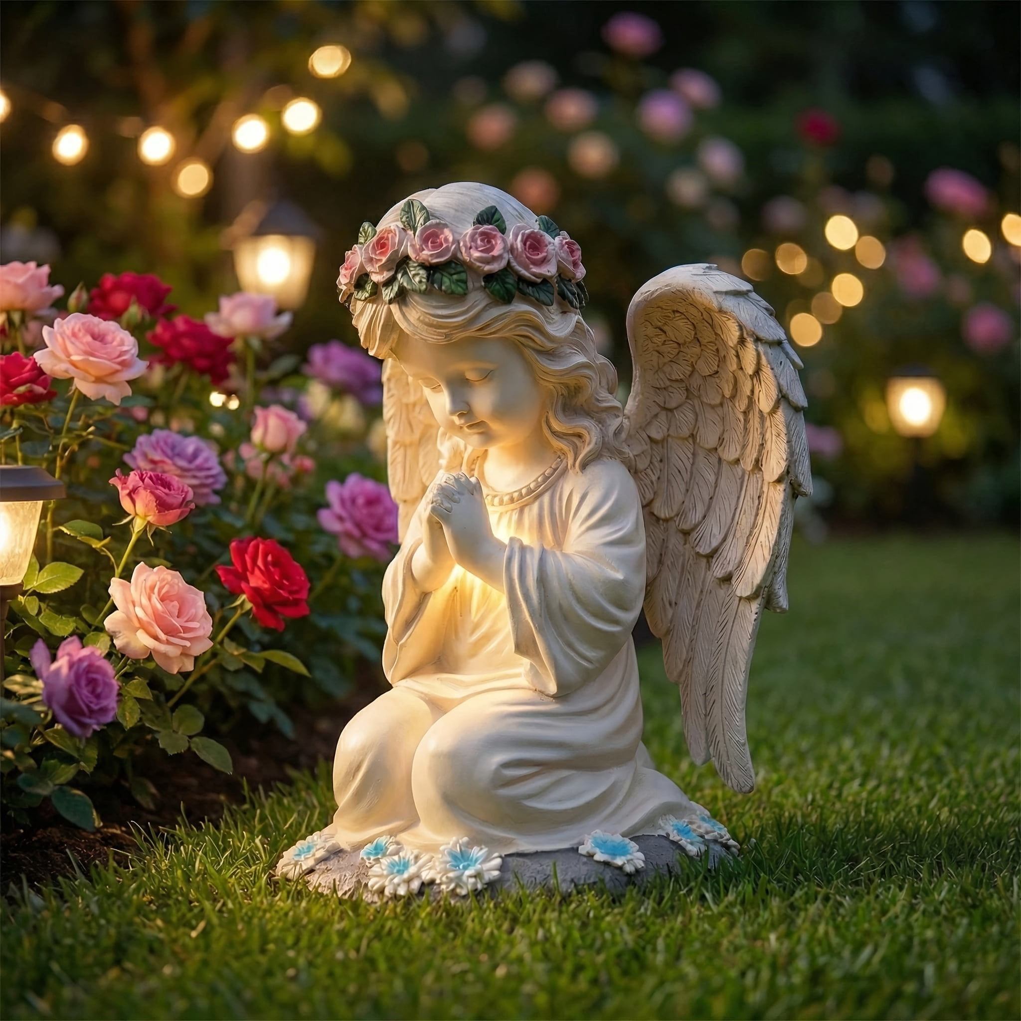 Solar Angel Garden Statue Outdoor Decor Figurine Light, Resin Flower Sculptures With LED Lights, Art Housewarming Ornament Gift