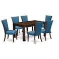 thumbnail image 6 of East West Furniture - CNVE7-77-21 - 7-Pc Dining Room Set- 6 Mid Century Dining Chairs and Kitchen Table - Blue Linen Fabric Seat and High Chair Back - Distressed Jacobean Finish, 6 of 10