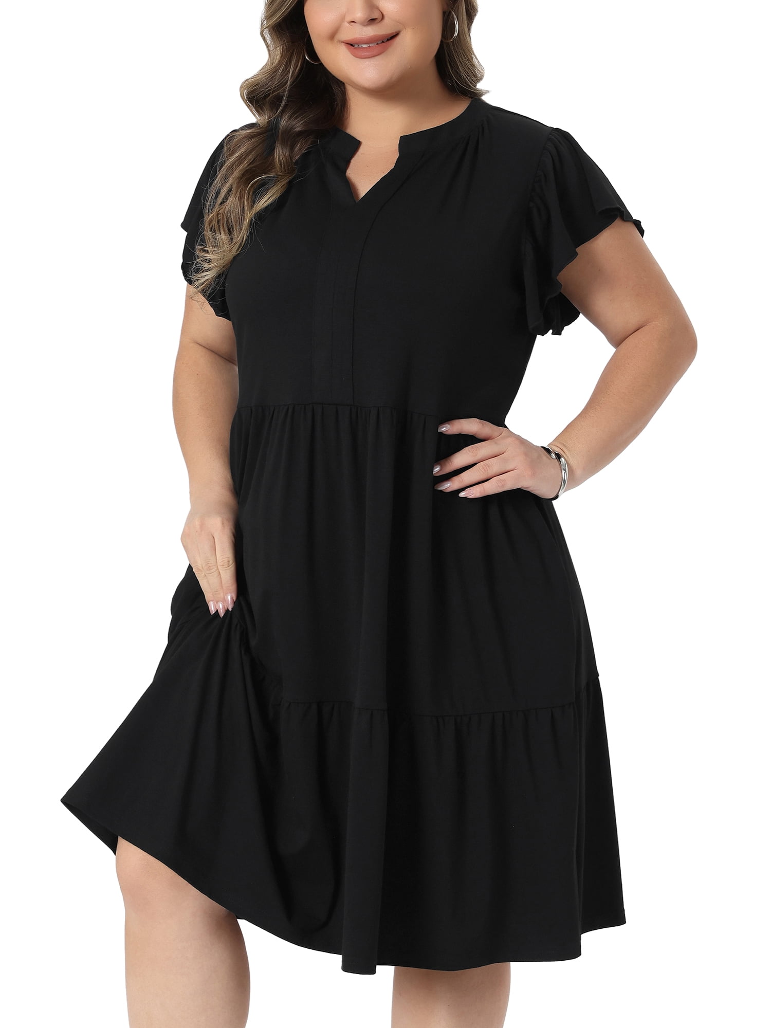 DARING DIVA Women's Plus Ruffle Sleeve V Neck Flowy Tiered Midi Dresses 4X Black