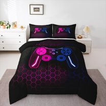 Castle Fairy Teens Boys Abstract Hexagon Gamepads 3 Pieces Queen Comforter Set,Video Game Ultra Soft Bedding Sets,Geometric Honeycomb Bedding Comforter Set Breathable,Lightweight Room Decor