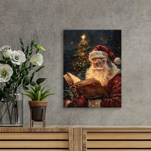 Framed Santa Claus Reading Canvas Wall Art - Waterproof Print, Festive Holiday Decor for Home, Ideal for Christmas & Halloween, Featuring Santa in his Traditional Attire