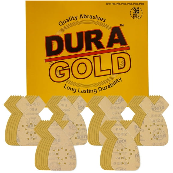 Dura-Gold Premium Mouse Detail Sander Sandpaper, 36 Assorted Grit Sanding Sheets 60, 80, 120, 220, 320, 400-12 Hole Pattern Hook & Loop Triangle Mouse Discs - Fits Black and Decker Woodworking Auto