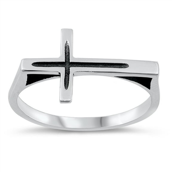 Oxidized Sterling Silver Flat Sideways Cross Ring Size 4