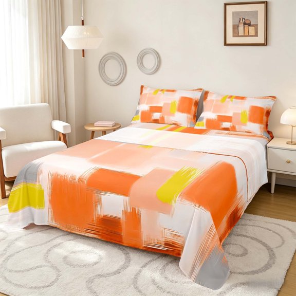 Manfei Abstract Brushstroke Bed Sheets, Orange Yellow Plaid Fuul Size Sheets, Orange Yellow, Gray Reversible 4pcs1 Flat Sheet 1 Fitted Sheet 2 Pillowcases