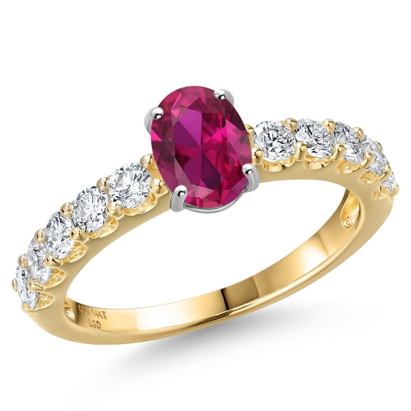 Gem Stone King 14K Two Tone Gold Red Created Ruby and Lab Grown Diamond Engagement Ring for Women | 1.50 Cttw | Oval 7X5MM | Gemstone July Birthstone | Size 5