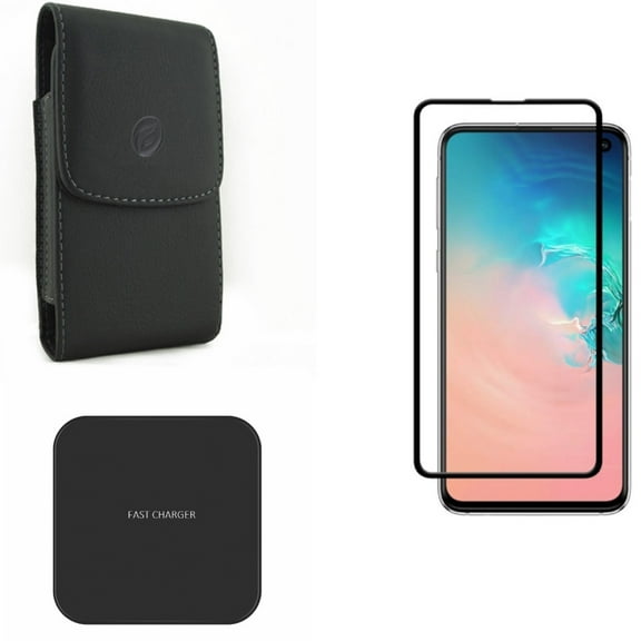 Galaxy S10e Screen Protector w Case Belt Clip w Wireless Charger - Tempered Glass 5D Curved Edge, Leather Holster Cover, Fast 7.5W and 10W Charging Pad for Samsung Galaxy S10e Phone