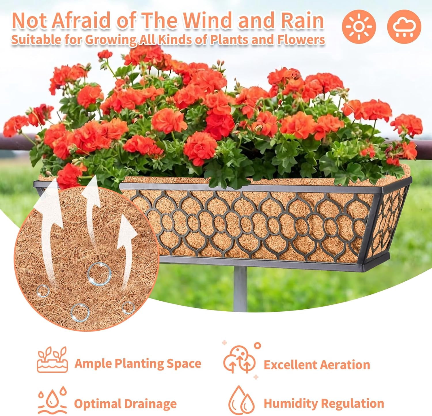 4 Pack 24 Inch Window Boxes Planters with Coco Liner, Metal Deck Railing Planter Boxes, Balcony Planters Railing Hanging, Horse Trough Window Flower Planter Boxes for Outdoor Porch Fence Patio