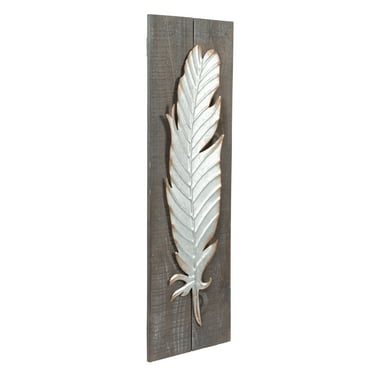 Creative Co-Op Wood Wall Decor with Metal Feather, Grey and Cream