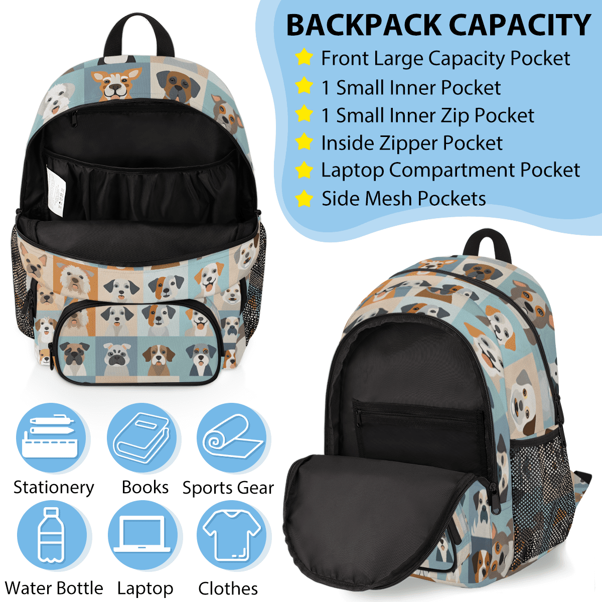 Herdesigns Cute Animal Dogs Puppy Large Backpack Set with Lunch Box Lightweight Water Resistant Travel Laptop Backpacks Casual Daypacks for Women Men