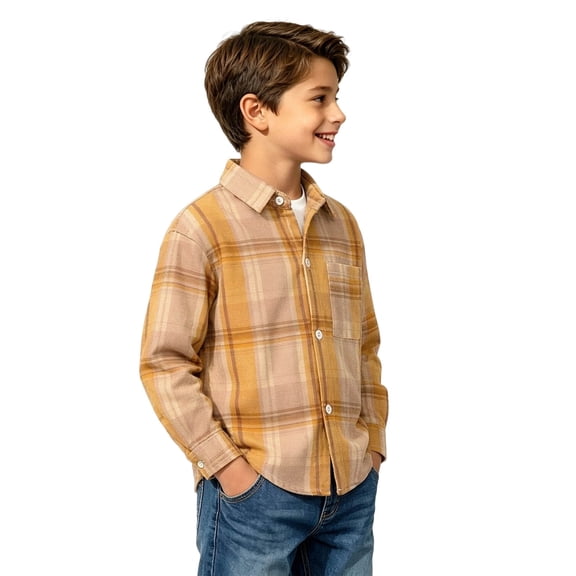 Ultrave Boys Plaid Flannel Shirt Long Sleeve Button Down Lapel Casual Kids Top with Chest Pocket 2-15Y