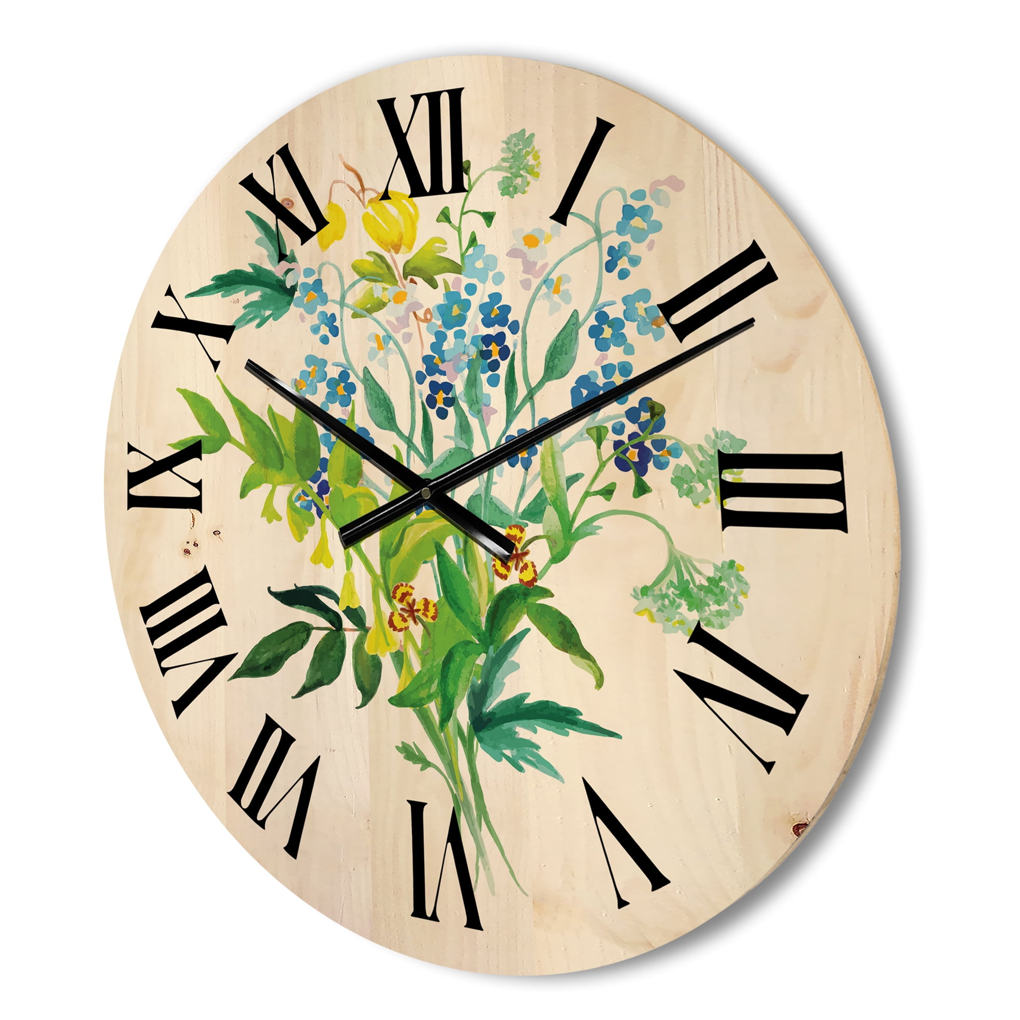 Designart 'Meadow Flowers Garland On White' Farmhouse Wood Wall Clock