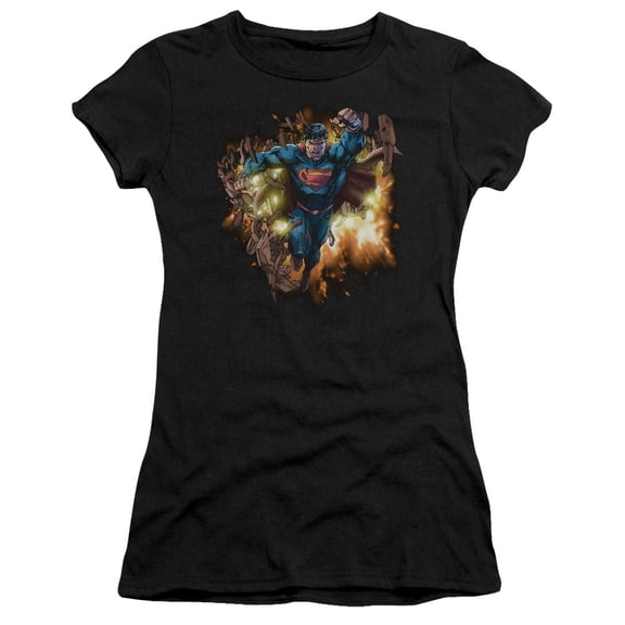 Superman Blasting Through Junior Women's T-Shirt Sheer Black